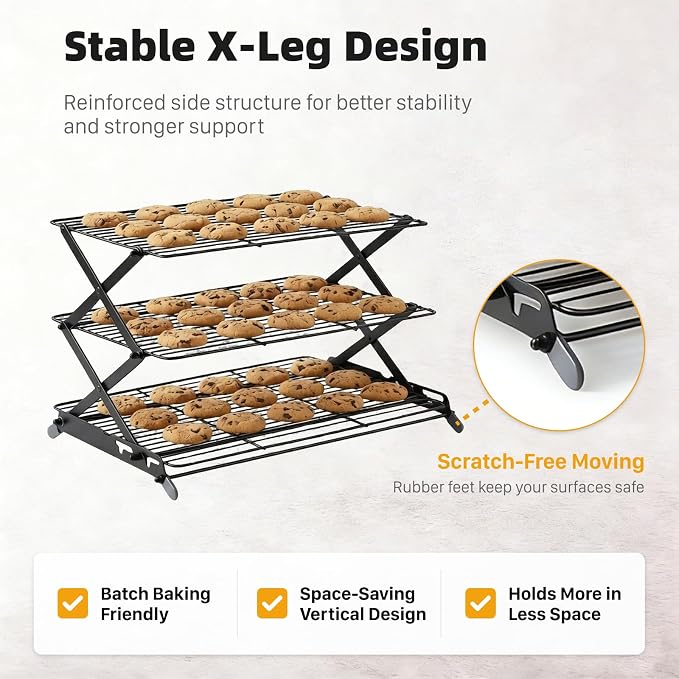 3-Tier Collapsible Cooling Rack, Adjustable Wire Baking Rack, Black | 3 adjustable heights, stable X-leg frame, folds flat, open-wire airflow, 17.1 x 9.8 in, for cookies, cakes and pastries