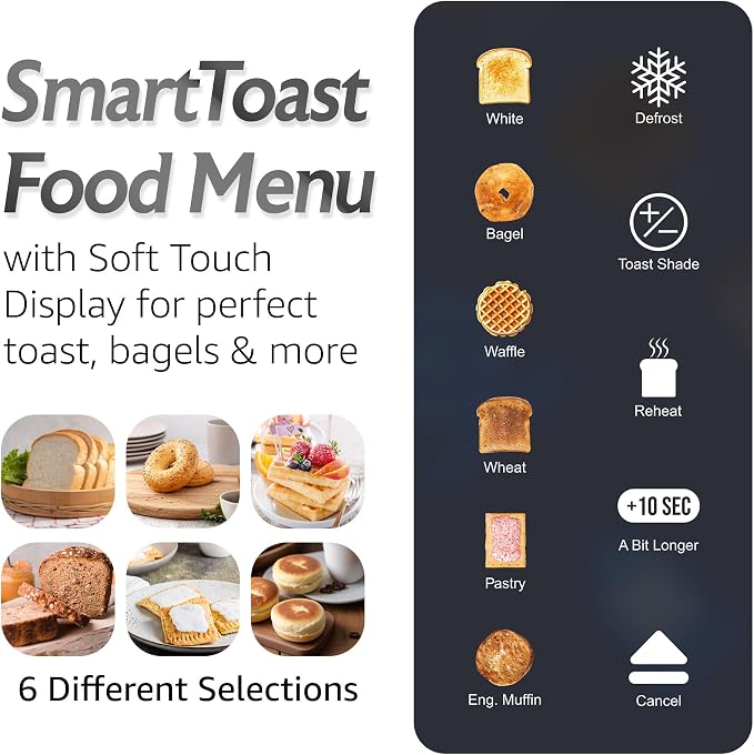 Elite Gourmet ECT5924D SmartToast Digital 4-Slice Toaster, 1370W, Steel | Touch Screen, 6 Shades & 6 Bread Types, Extra-Wide 1.5" Slots Fit Bagels & Texas Toast, Defrost & Reheat - Even Heat