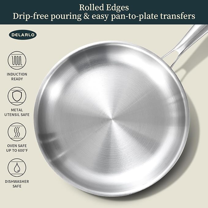 DELARLO Tri-Ply Stainless Steel Frying Pan Set 8”/10”/12”kitchen skillet | Stainless Steel Pan Cooking Heat fast and evenly Compatible with All Cooktops Dishwasher and Oven Safe