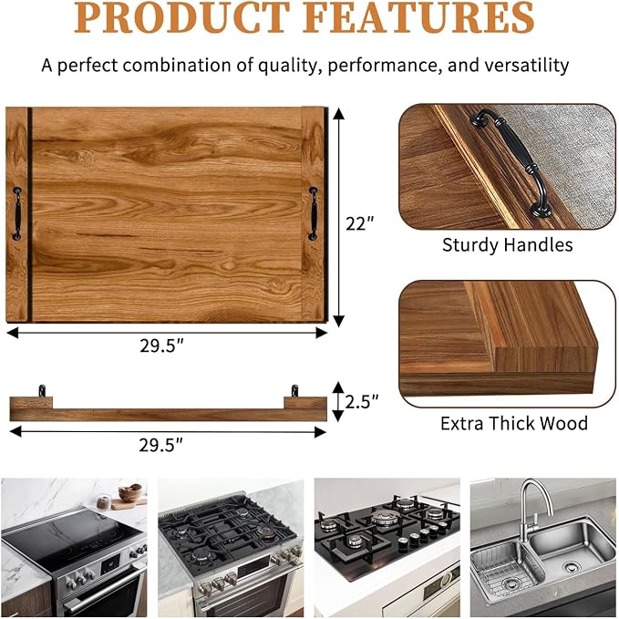 Noodle Board Stove Cover with Handles, Acacia Wood | For Electric Stove, For Gas Stove Top
