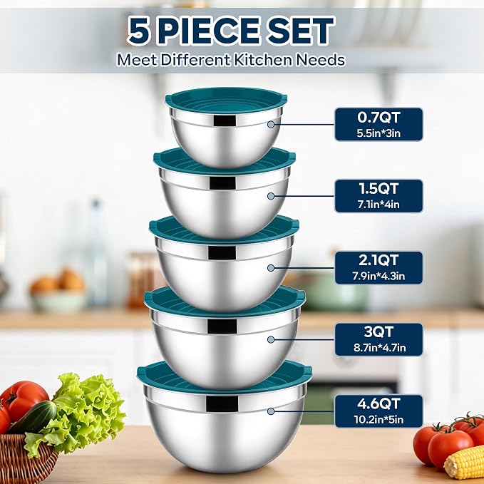 E-far Mixing Bowls with Lids Set, Stainless Steel Cooking Salad Bowls, Blue | 10-Piece Metal Nesting Bowls with Airtight Lid for Kitchen Storage, Baking & Prepping, Dishwasher Safe, 0.7/1.5/2.1/3/4.6 QT