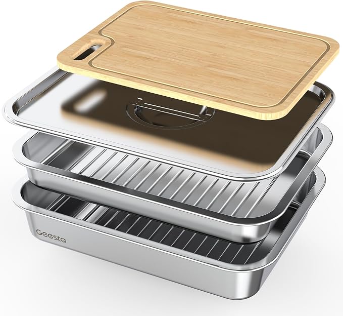 Geesta Grilling Prep and Serve Tays, Stainless Steel Large Capacity Food Prep Tray, Grill Carry System, Marinade Container with Lid and Cutting Board,BBQ Grill Accessories, Grilling Gifts for Men