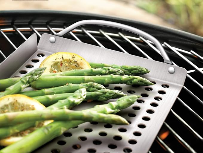 Outset 76631 Stainless Steel Grill Topper Grid, 11"x7" BBQ Pan With Handles | Stainless Steel Grill Topper | BBQ Veggie Grill Tray | Easy to Carry | Seafood Grill Tray With Holes | Infuses Flavor