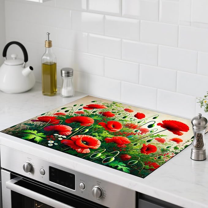 Nuxovilar Floral Accent Stove Cover Diatom Mud 28.35x20.47 In | Glass Protector Countertop Mat Counter Saver Cooktop Cover Kitchen Cooking Area Home (Floral Accent Design)