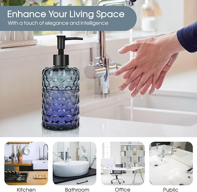 Topsky Glass Soap Dispenser with Plastic Pump, 475ml Liquid Hand Soap Dispenser, Rustproof Pump for Kitchen & Bathroom, Great for Lotions, Essential Oil, Liquid Soaps (Grayish Blue)