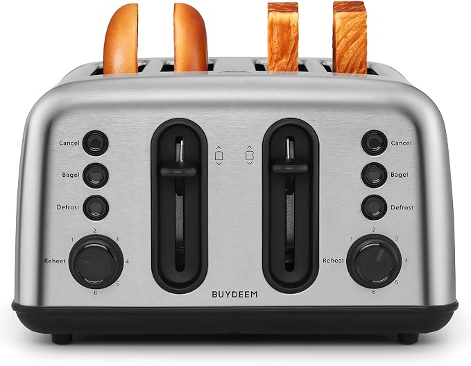 BUYDEEM DT440 4 Slice Toaster, Stainless Steel Toaster with Extra Wide Slots for Bagels, Muffins, High Lift Lever, 6 Shade Settings, Retro Sliver