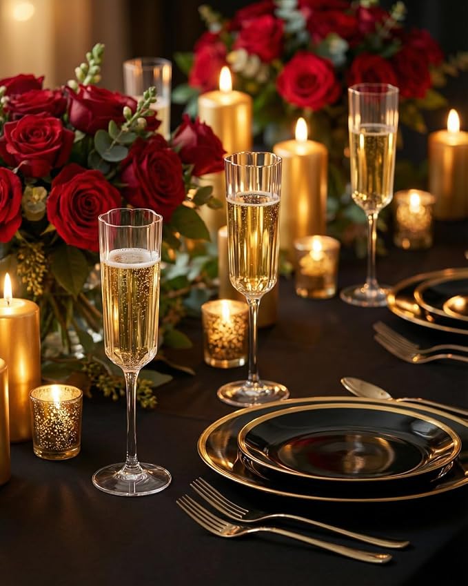 Ciaell 24 Pack Plastic Champagne Flutes for Weddings Birthdays | 6 oz Vintage Flower Wavy Toasting Cups, Heavy Duty Plastic, Champagne Wine Mimosas Beverages for Parties Outdoor