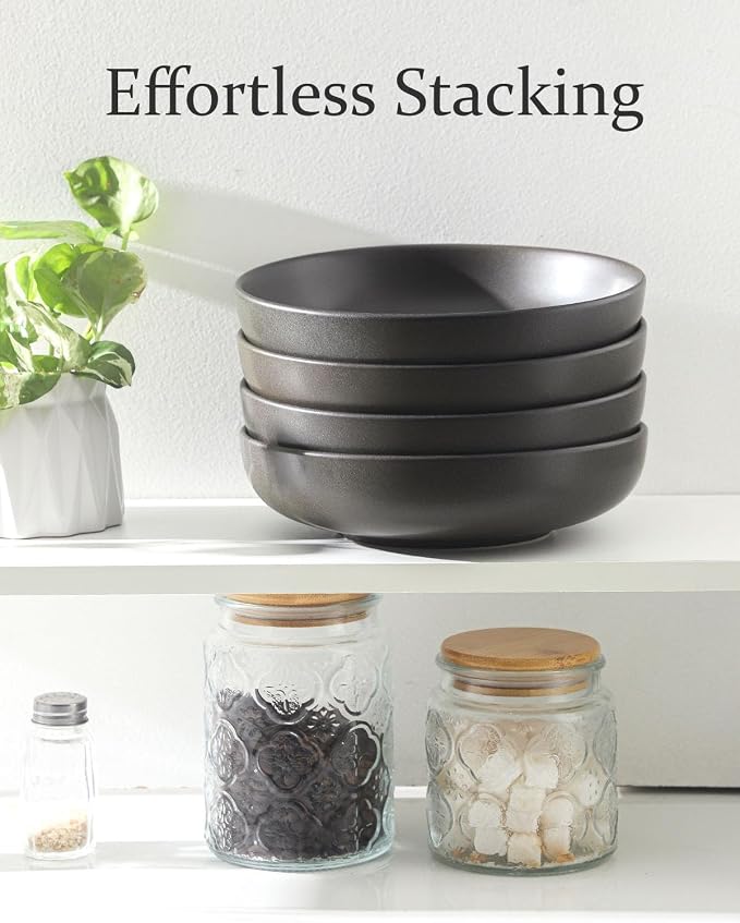 Stoneware Pasta Bowls, 34 oz Large Salad Bowl Set of 4, Ceramic Serving Bowls for Ramen, Pasta, Fruit, Cereal, Dinner, Wide and Shallow Bowls, Microwave & Dishwasher Safe, Matte Black