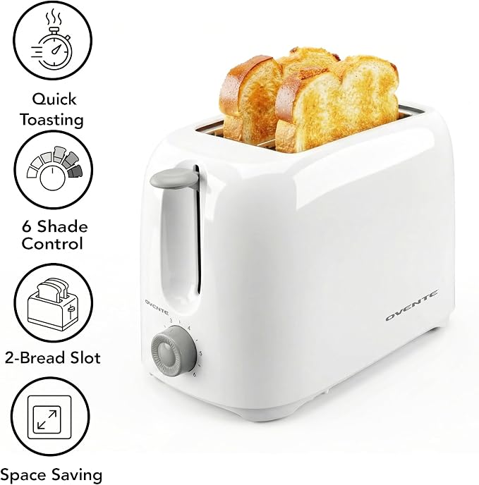 OVENTE Electric 2 Slice Toaster Machine 6-Shade Setting, White TP2210WGY | Compact Design and Removable Crumb Tray, 700W Power Perfect for Toasting Bread, Thin Bagels and Waffles