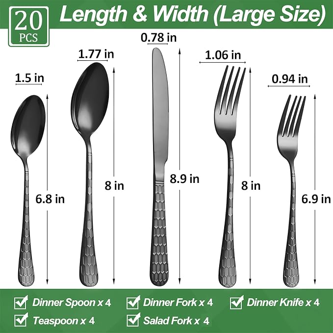 Silverware Set,20-Piece Stainless Steel Flatware Set for 4 | Food-Grade Stainless Steel Cutlery Set,Dishwasher Safe,Mirror Finished Utensil Sets for Home Restaurant,Round Hammered,Black