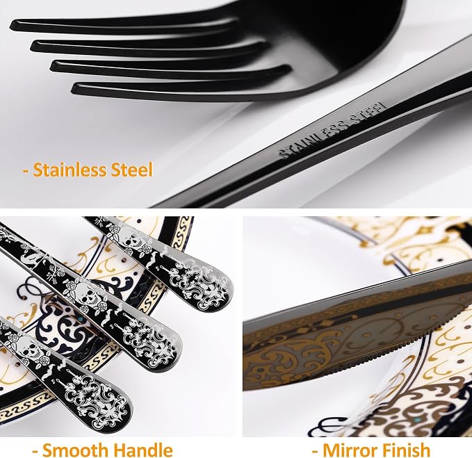 40-Piece Black Skull Silverware Set for 8, Flatware Set Stainless Steel Spoons,Forks,Knife Pattern Unique Design Utensil Sets Tableware Cutlery, Mirror Polished, Dishwasher Safe