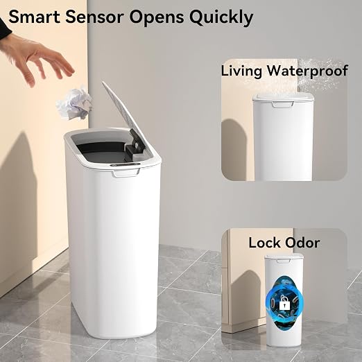 5 Gallon Motion Sensor Bathroom Trash Can Automatic Garbage Cans with Lid Touchless Smart Slim Plastic Trash Bin for Kitchen, Bedroom, Toilet, Office, Living Room