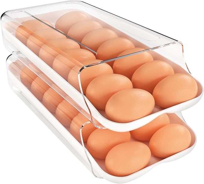 theaoo Egg Holder for Fridge, Automatic Rolling Egg Container, White, 2Pack | Quick Removable Inner Tray For Easy Egg Loading. Stackable Egg Dispenser For Refrigerator Storage And Organization