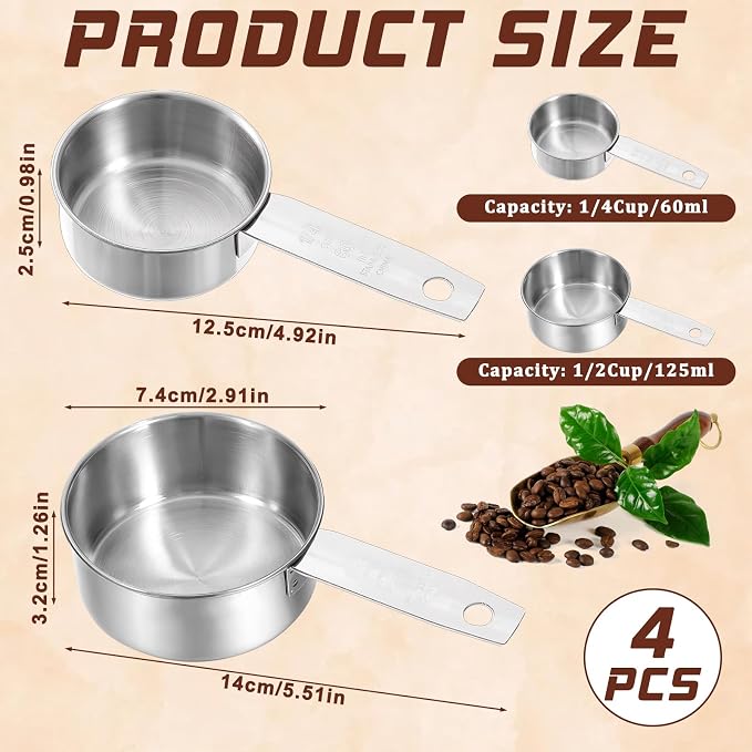Stainless Steel Measuring Cup, 4 Pcs 1/4, 1/2 Cup, 60 ml/125 ml Metal Cup Scoop Kitchen Gadgets for Coffee Cooking Baking Dry Wet Liquid Ingredients, Dishwasher Safe