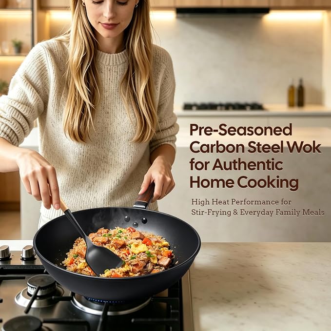 AOSION 13'' Carbon Steel Wok, 12 Piece Wok Pan & Stir-Fry Pans Set with Lid | No Chemical Coated Flat Bottom Chinese Wok Pan