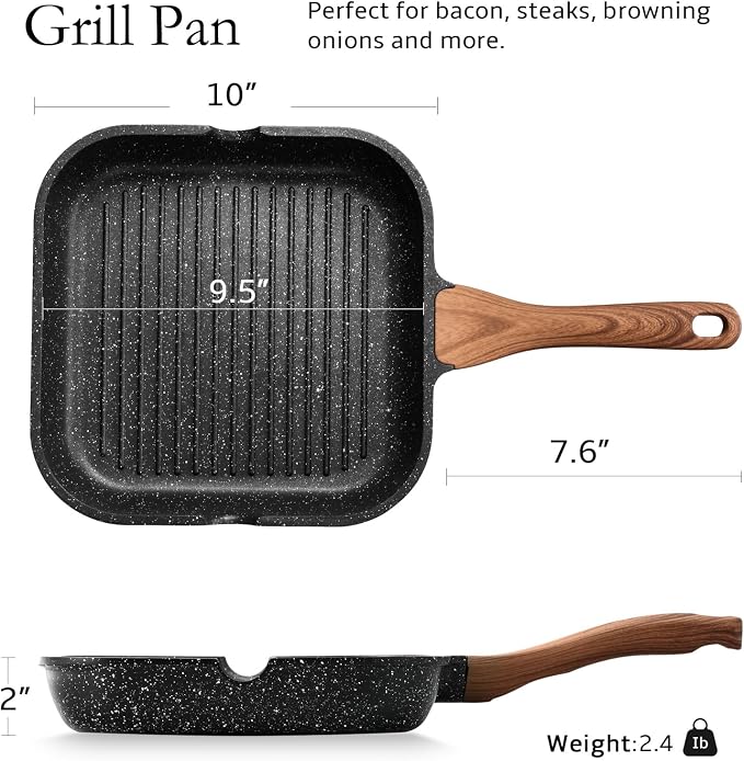 ESLITE LIFE Nonstick Grill Pan for Stove Tops, Versatile Griddle with Pour Spouts, 9.5 Inch Square Big Grilling Skillet Steak Pan for Indoor & Outdoor Cooking, PTFE & PFOA Free, Black