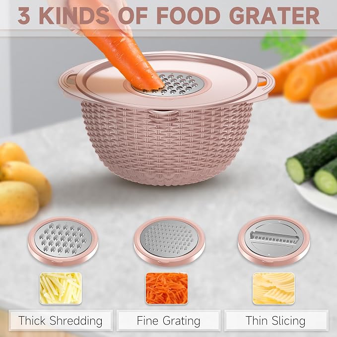 4-1 Colander with Bowl & Spoons Set - Food Strainer with New Upgraded Graters & Spoons - Colanders for kitchen(Patented) - Strainer for Fruit Pasta Veggie, Funny Presents for Women, Pink