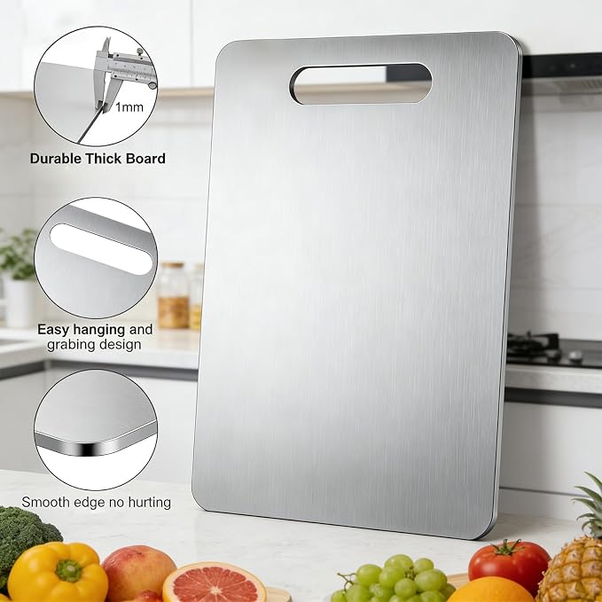 Large Stainless Steel Cutting Board 18"x13", 1.5mm Thick Heavy Duty Large Rectangular Kitchen Board with Handle, Double Sided for Meat Vegetable Fruit