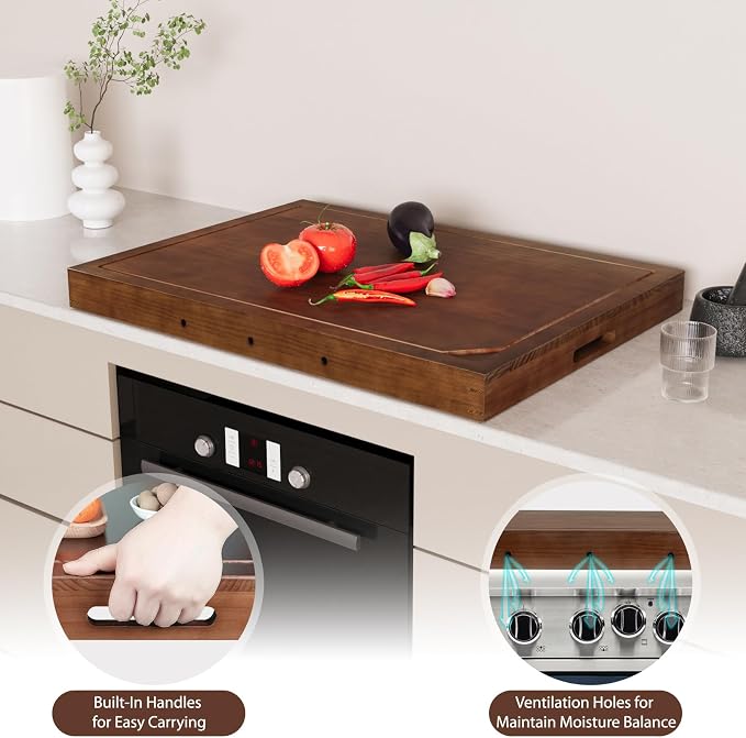 Wooden Stove Top Covers for Gas Burner and Electric Stove, Glass Cooktop Protector, Wood Noodle Board Stovetop Cover With Handles, Walnut