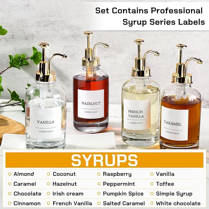 Coffee Bar Accessories,Coffee Syrup Dispenser with Labels for Coffee Bar,Pack of 4,Total 67.6 oz (Gold Pump)