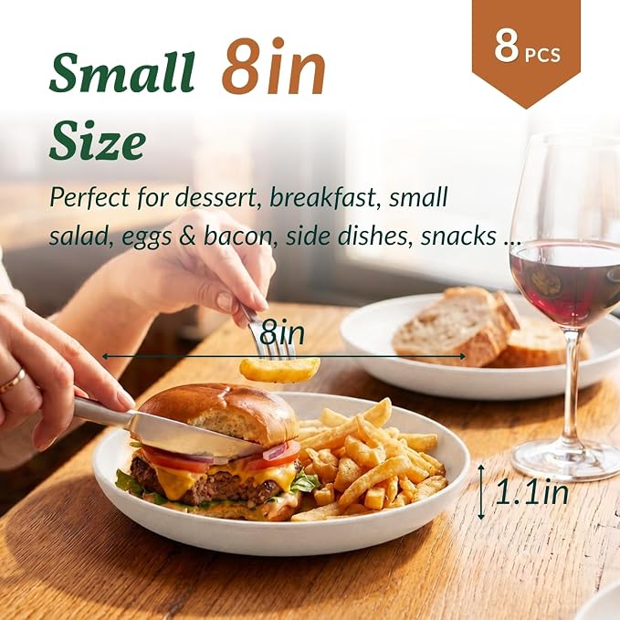 Wheat Straw Plates, 8 Inch Dessert Plates Set of 8, Unbreakable White Round Plate - Alternative to Plastic Plates, Lightweight Microwave and Dishwasher Safe Plate Set for Camping - White