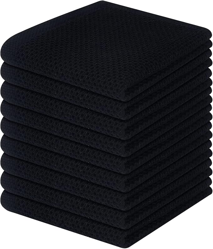 Homaxy 100% Cotton Waffle Weave Kitchen Dish Cloths, 9-Pack, Black | Ultra Soft Absorbent Dish Towels, Quick Drying Dish Rags with Hanging Loop, 12 x 12 Inches