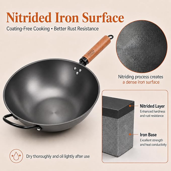 12.6 Inch Carbon Steel Wok with Lid, Flat Bottom Induction Wok Pan, Non-Coated Stir Fry Wok Skillet with Helper Handle, Gas Electric Ceramic Halogen Compatible, Includes Iron Wok Spatula