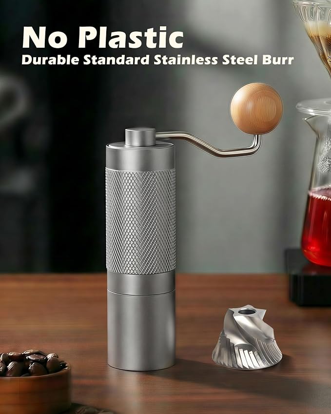 Pro Manual Coffee Grinder Stainless Steel Conical Burr With Adjustable Settings.Portable For Espresso, French press, Pour-over. All-metal, Plastic-free, Perfect For Travel camping