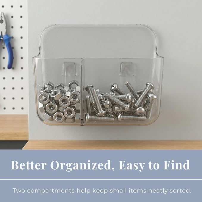 Adhesive Wall Organizer Bin, 2 Compartments, No-Drill, Clear | BPA-Free PET, Detachable, Divided Storage for Easy Sorting and Wet and Dry Separation, Drain Holes in Both Sections