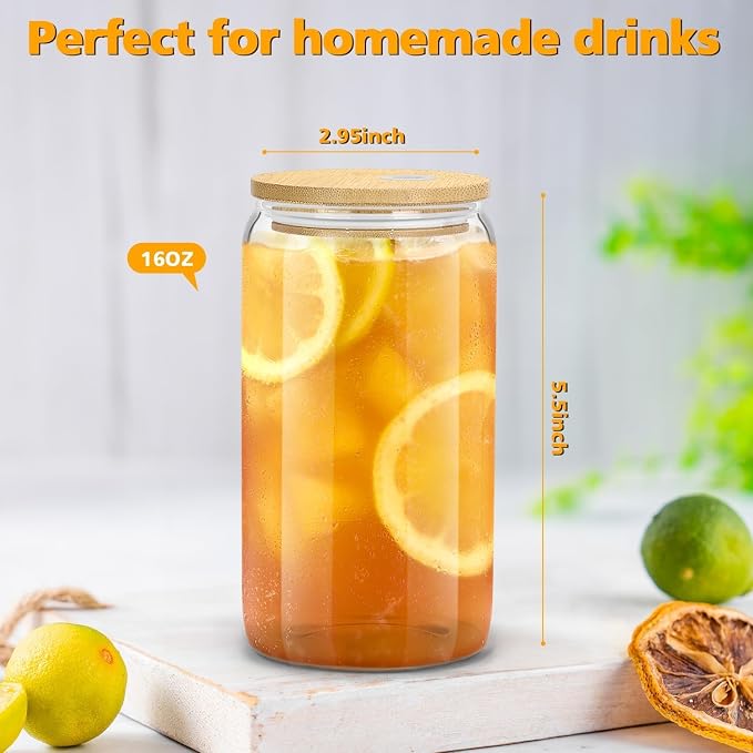 Glass Cups with Lids and Straws - 16 oz Glass Drinking Cups Set for Coffee | Glass Cups with Bamboo Lids, Iced Coffee Cup, Home Essential, Coffee Bar Accessories, Glass Tumbler, Reusable, 2 Pack