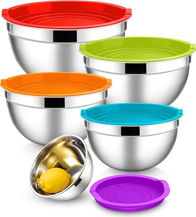 E-far Mixing Bowls with Lids Set, Stainless Steel Salad Bowls, Colorful | 10-Piece Metal Nesting Bowls with Airtight Lid for Kitchen Cooking, Baking/Prepping, Dishwasher Safe, 0.7/1.5/2.1/3/4.6 QT