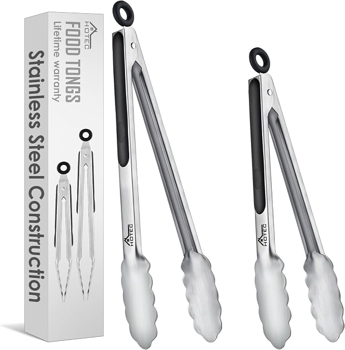 Hotec Stainless Steel Kitchen Tongs, Locking Metal Food Tongs for Cooking, Serving, BBQ, Grill & Air Fryer with Non-Slip Grip, Set of 2-9" and 12"