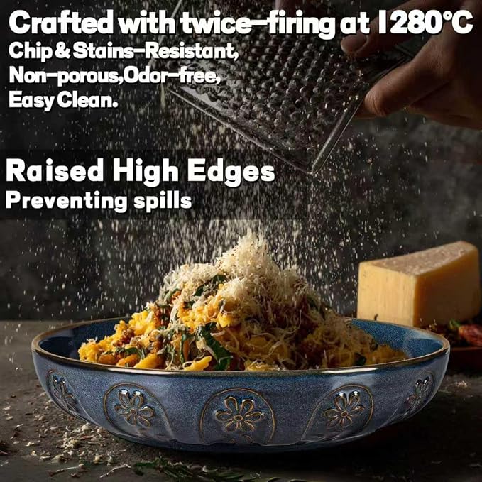 Pasta Bowls, 50oz Large Salad Serving Bowls, 9.75'' Plates Bowls Set of 4, Big Ceramic Soup Bowls for Kitchen, Embossment Shallow Dinner Bowl, Microwave Dishwasher Safe, Pinwheel Flower, Blue