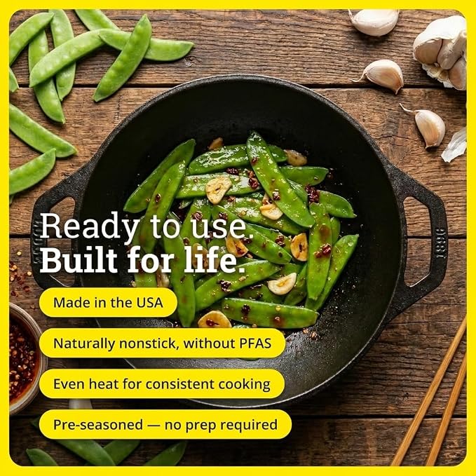 Lodge Cast Iron Mini Wok - Naturally Seasoned Stir Fry Pan with Dual Loop Handles - Compact Cast Iron Cookware for Searing, Serving & Everyday Cooking - 9 Inches