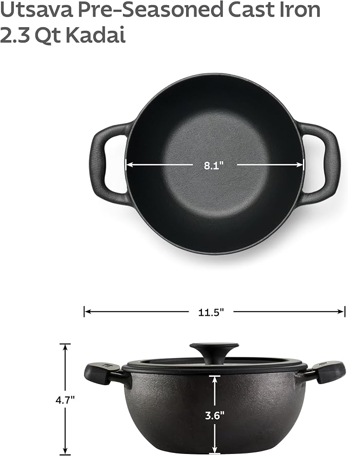 Tramontina Utsava Pre-Seasoned Cast Iron 2.3-Quart Kadai with Lid | Small Kadhai Pot for Indian Cooking