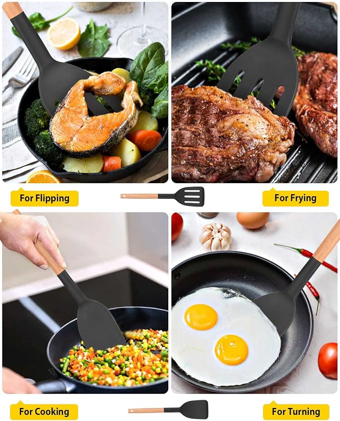 Pack of 2 Silicone Cooking Spatula, Heat Resistant Solid Turner, Non Stick Slotted Spatulas with Wooden Short Handle,Ideal Wood Kitchen Utensils Set for Frying, Baking, Flipping, Turning