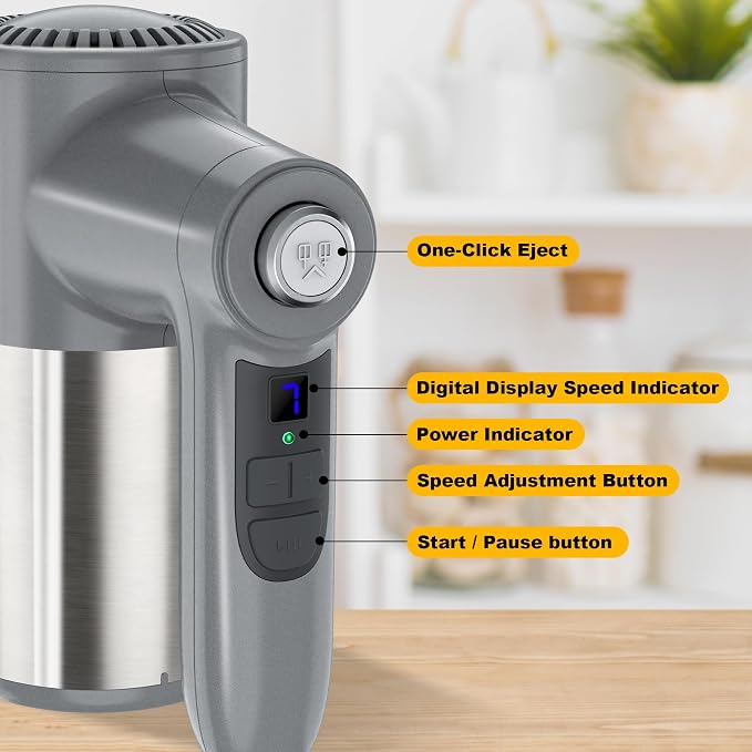 binROC Cordless Electric Hand Mixer, 7-Speed with Storage Base, Silver | Rechargeable, Eject Button, Long Battery, Quiet Anti-Splash, 6×304 Stainless Attachments, Self-Stand for Cake, Dough Baking
