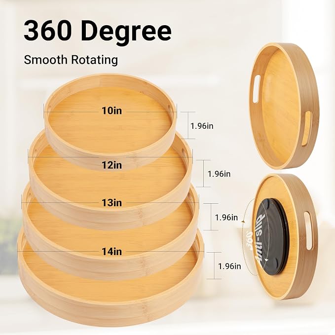 10in Bamboo Lazy Susan Organizer Turntable for Cabinet | Spice Turntable Organizer for Kitchen, Round Rotating Serving Tray Turntable Seasoning Organizer for Table Top