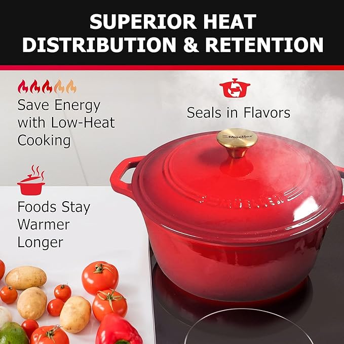 MUELLER HOME 7.5 QT Enameled Cast Iron Dutch Oven, Heavy-Duty Casserole Dish and Braiser Pan with Lid and Stainless Knob, Oven-Safe up to 500° F & Across All Cooktops, Red | Heavy-Duty Casserole Dish and Braiser Pan, Lid with Stainless Knob, Oven-Safe ...