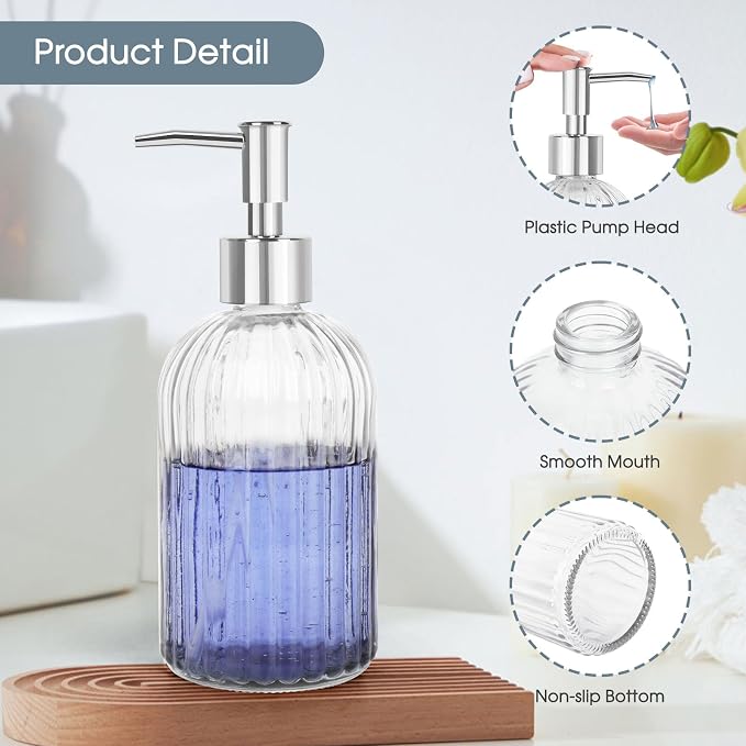 Topsky Stripe Glass Soap Dispenser with Plastic Pump, 400ml Liquid Hand Soap Dispenser, Rustproof Pump for Kitchen & Bathroom, Great for Lotions, Essential Oil, Liquid Soaps,Transparent