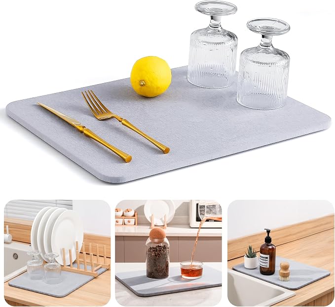 Super Absorbent Stone Drying Mat for Kitchen Counter, Fast-Drying Diatomaceous Earth Dish Drying Mats, Versatile Stone Drying Tray for Cups Dishes Bottles, Mist Gray