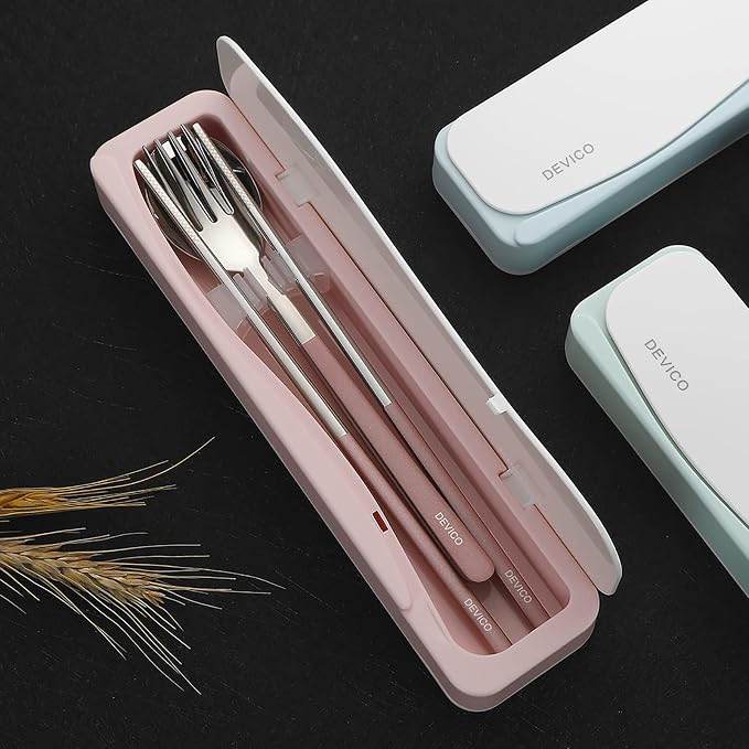DEVICO Travel Utensils with Case, 4Pcs Portable Silverware Set for Work, 18/8 Stainless Steel Reusable Cutlery, Korean Spoon and Chopsticks Fork for Camping, School, Lunch Box Accessories (Pink)
