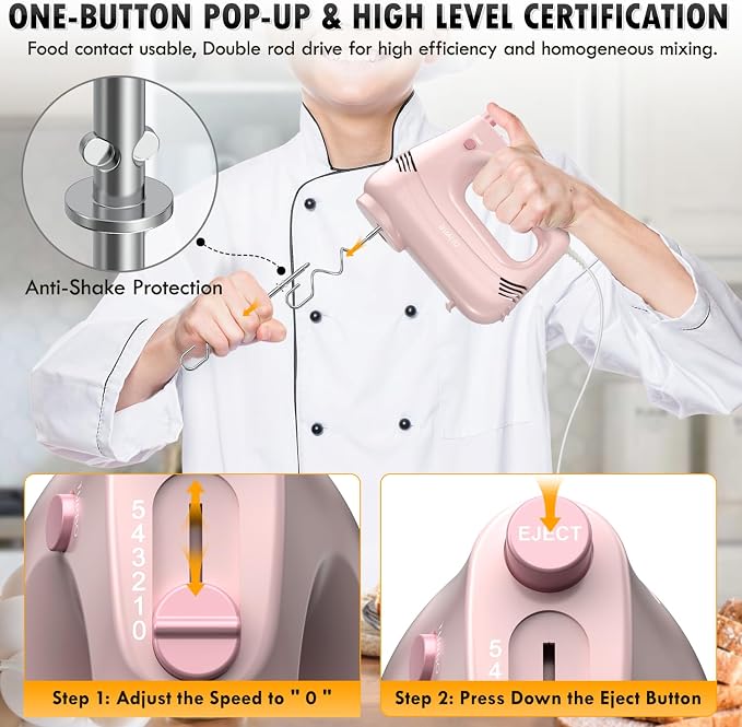 GUALIU Electric Hand Mixer, 304*(2* Beaters, 2* Dough Hooks), (1* Storage Bag) Handheld Mixer for Baking Cakes, Eggs, Cream Food Mixers, Turbo Boost /5 Speed Kitchen Blender PINK
