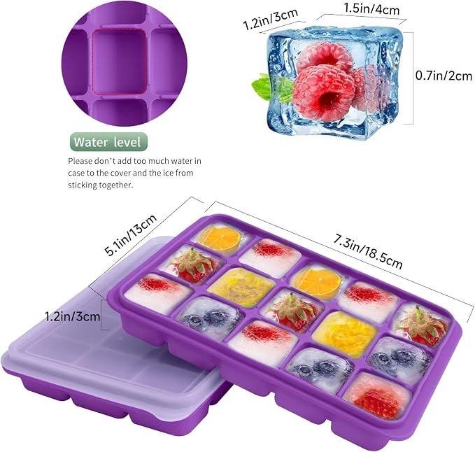 Tvmania Ice Cube Trays Set of 2, 15-Cube Silicone Molds with Removable Lids | Stackable, easy release, BPA-free, reusable, for freezer and whiskey