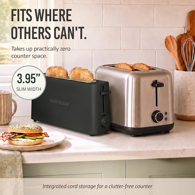 Nostalgia Slim 2-Slice Toaster – Wide Slot – Space-Saving Design – Adjustable Browning Dial – 10-inch Long Slot Fits 2 Slices of Bread or Bagel Halves – Drop-down Crumb Tray – Blackberry