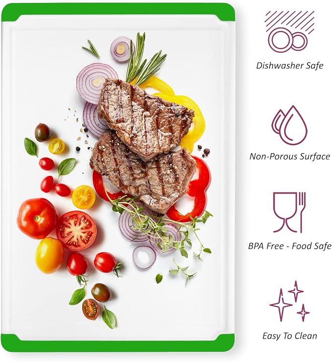 Extra Large Plastic Cutting Board for Kitchen - 18 Inch Dishwasher Safe Chopping Board, Reversible Cutting Board with Juice Groove + Non Slip Feet for Meat, Fruit, Vegetables, Green - by Belwares