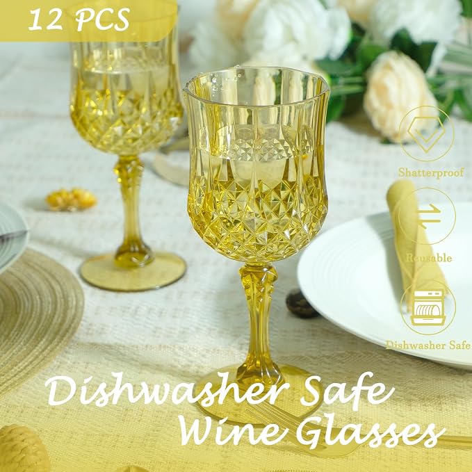 12Pack Plastic Wine Glasses, 7oz Vintage Goblets for Wedding | Unbreakable Crystal Style Reusable Stemware, Elegant Gold Drinking Glass for Party Anniversary & Holiday Celebration