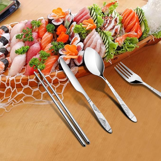 Arroyner 6 Pack Reusable Flatware Sets Knife, Fork, Spoon, Chopsticks, 24Pcs Portable Travel Stainless Steel Tableware Dinnerware with Carrying Case