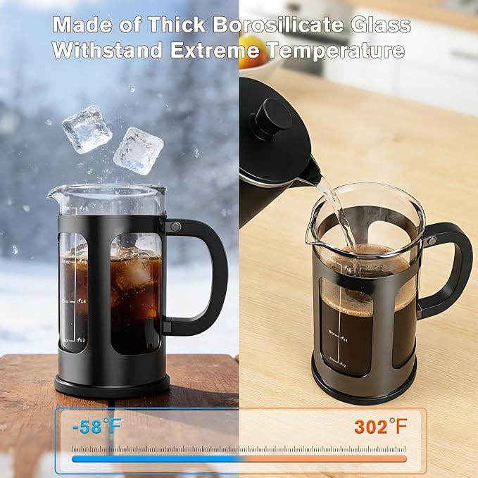 French Press Coffee Maker 34oz, Heat Resistant Thickened Glass Stainless Steel Brewer, Easy to Clean, 4-Level Filtration, Cold Brew Cafe/Tea Pot for Kitchen Camping Travel, Gifts, Bar