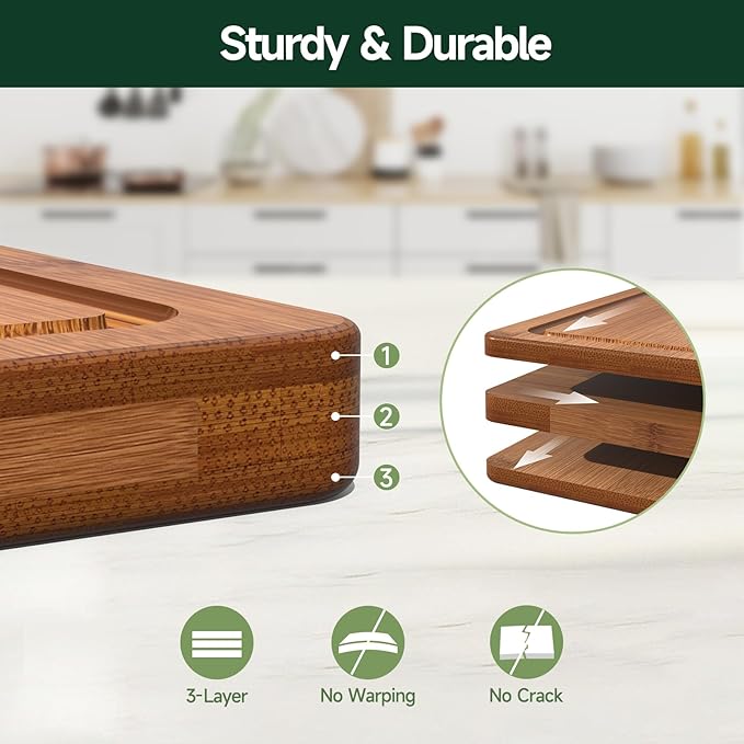 3-Piece Set Deep-Carbonized Bamboo Cutting Board for Kitchen, Carbonized | Crack-Resistant Wood Chopping Boards with Deep Juice Grooves, Pre-Oiled Butcher Block for Meat, Vegetables & Cheese